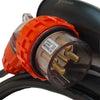 Electric vehicle charging cable with black and orange connectors on a white background