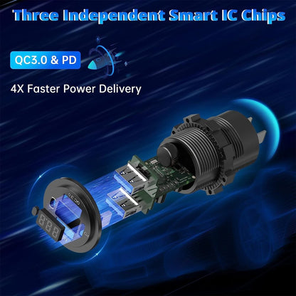 YJ-DS2082 12V 56W Dual QC 3.0 and PD Port USB Car Charger Socket with Voltmeter & Button