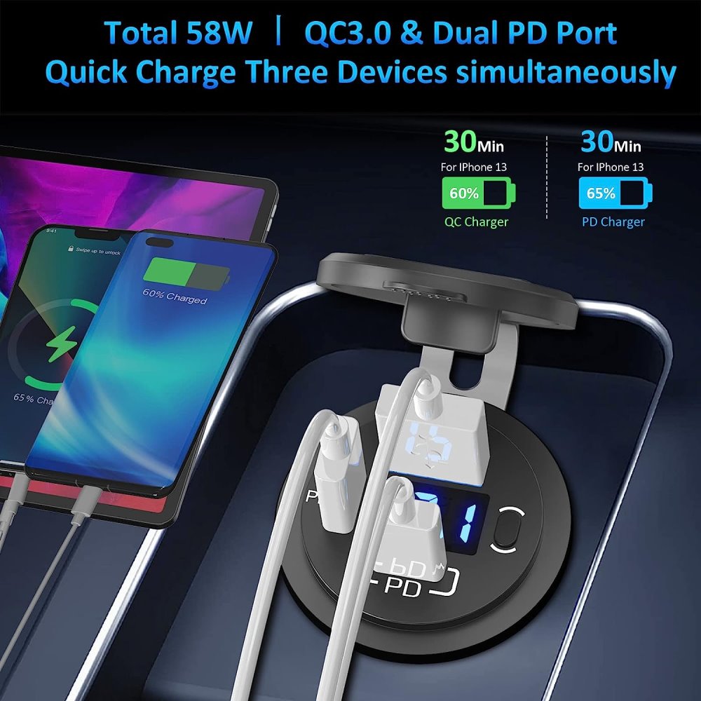 YJ-DS2083 12V 58W Dual PD and QC 3.0 Port USB Car Charger Socket with Voltmeter & Button