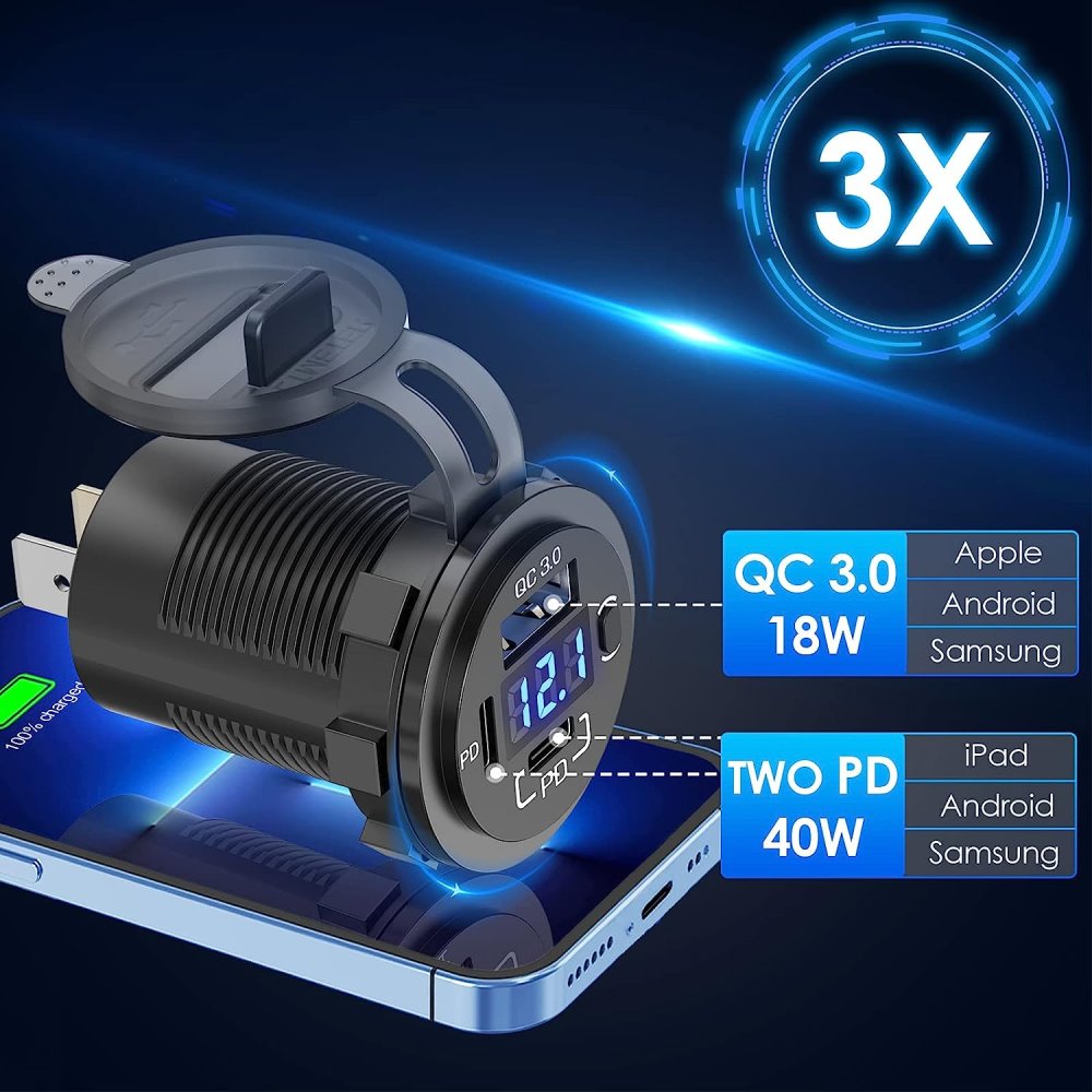 YJ-DS2083 12V 58W Dual PD and QC 3.0 Port USB Car Charger Socket with Voltmeter & Button