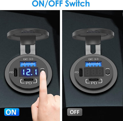 YJ-DS2083 12V 58W Dual PD and QC 3.0 Port USB Car Charger Socket with Voltmeter & Button