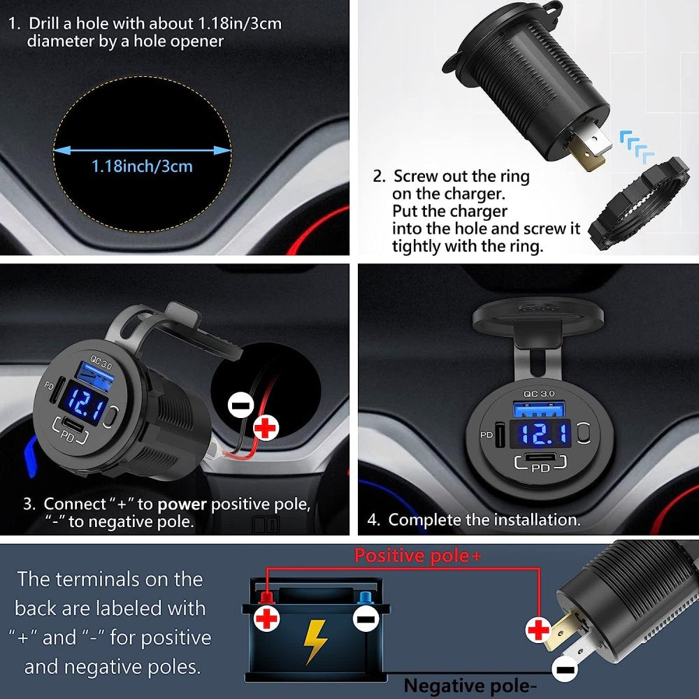 YJ-DS2083 12V 58W Dual PD and QC 3.0 Port USB Car Charger Socket with Voltmeter & Button