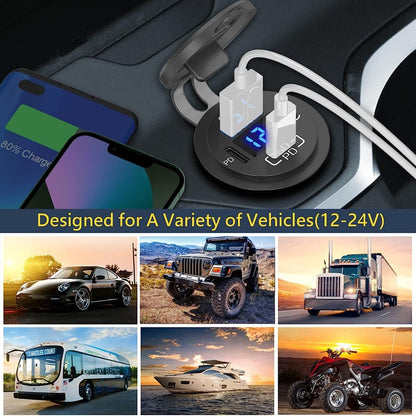 YJ-DS2083 12V 58W Dual PD and QC 3.0 Port USB Car Charger Socket with Voltmeter & Button