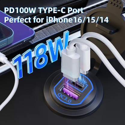 Etronx 118W car charger socket charging two smartphones at once from its 100W USB-C PD and 18W QC3.0 ports, shown on a dark desk.