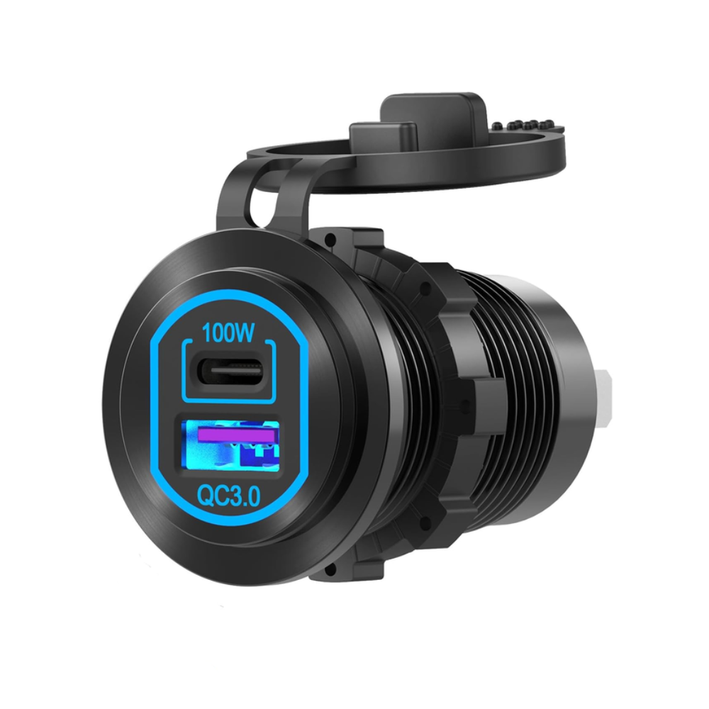 Etronx 118W panel-mount car charger socket in black, with a blue-lit faceplate showing the 100W USB-C PD port and 18W QC3.0 USB-A port, on a white background.