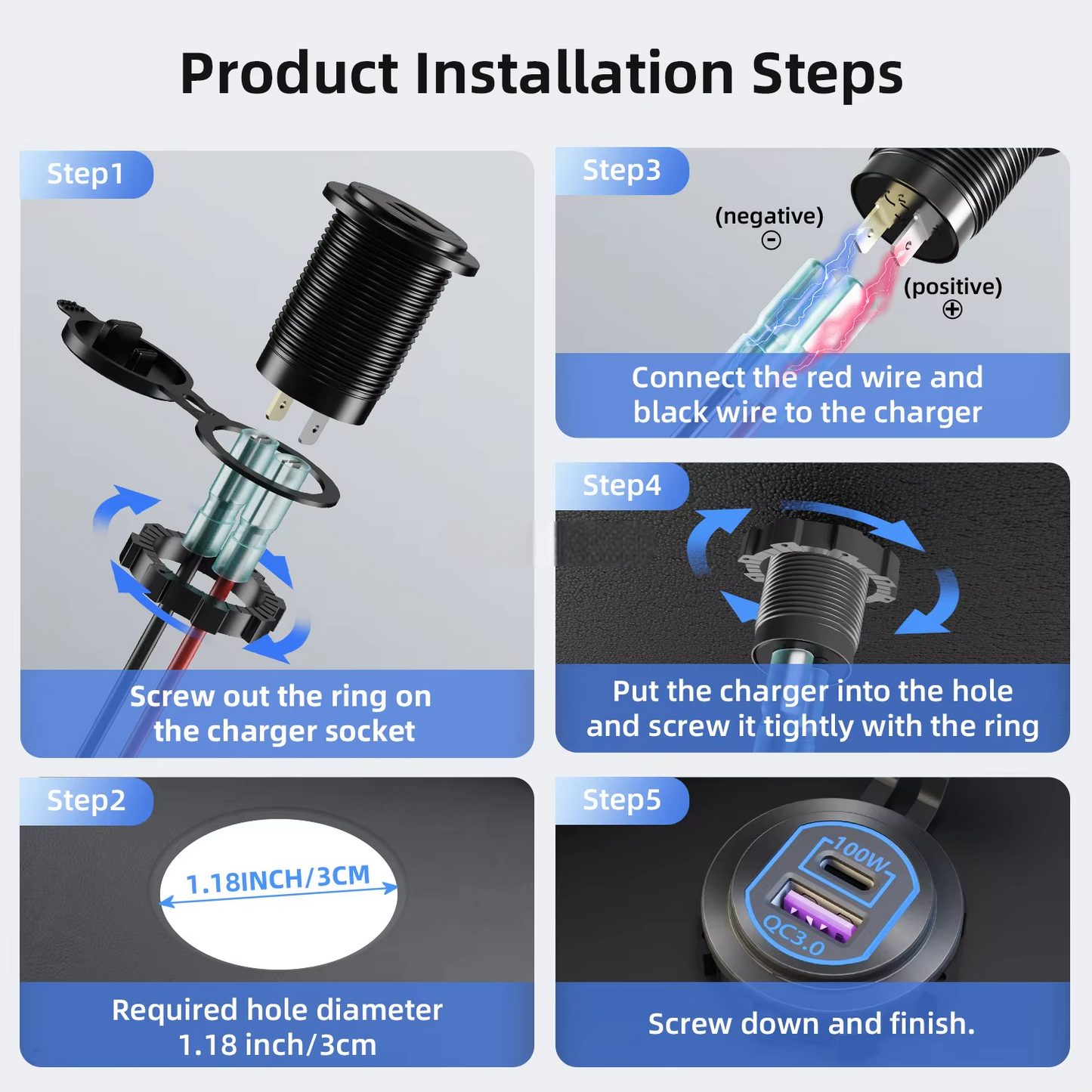 Five-step installation diagram for the Etronx 118W car charger socket, showing wiring connections and the 30mm mounting hole diameter.