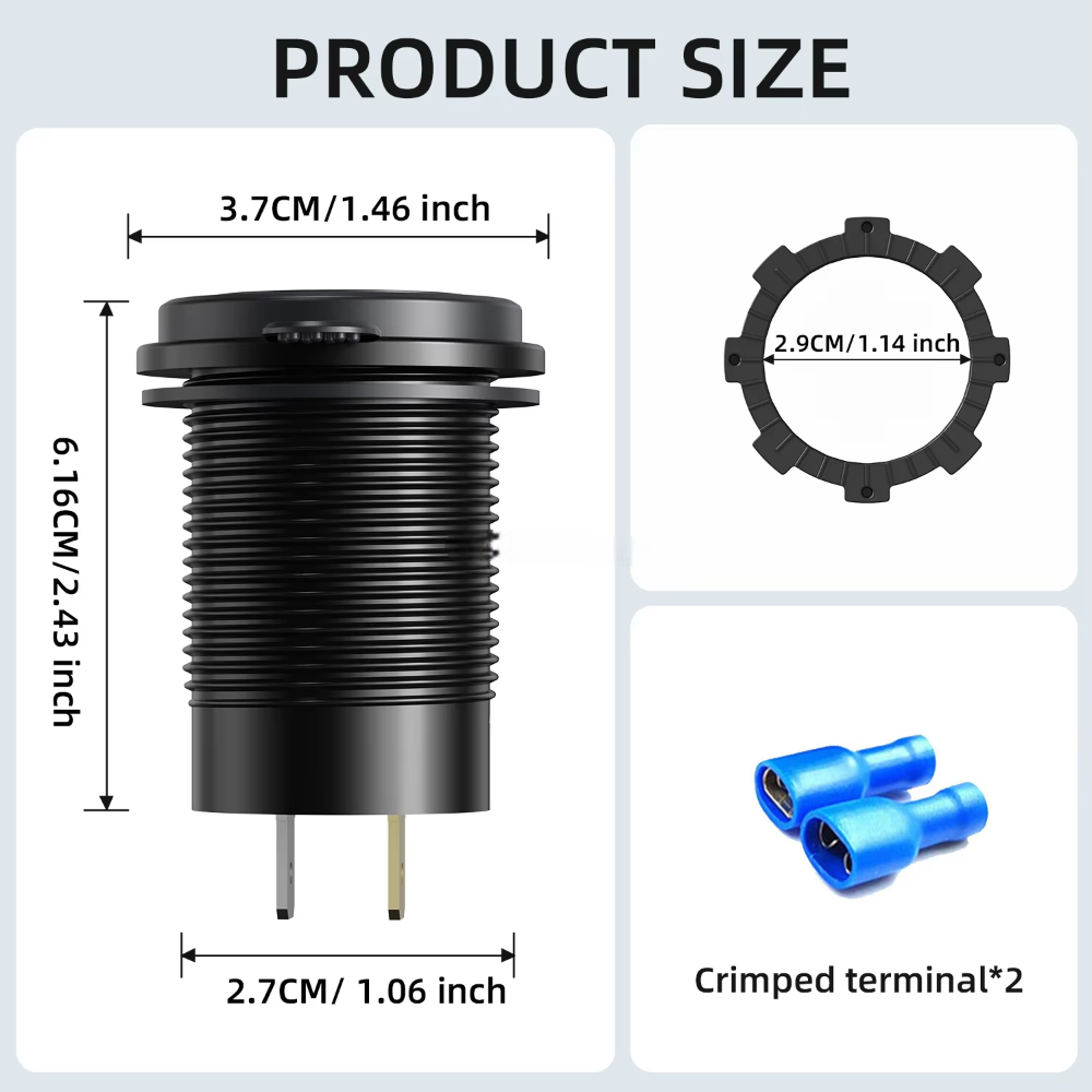 Dimension diagram for the Etronx 118W car charger socket: 61.6mm overall length and 37mm diameter, fitting a 30mm mounting cutout.