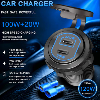Promotional graphic for the Etronx 120W dual USB-C car charger socket, highlighting its 100W and 20W USB-C PD ports with two USB-C cables alongside.