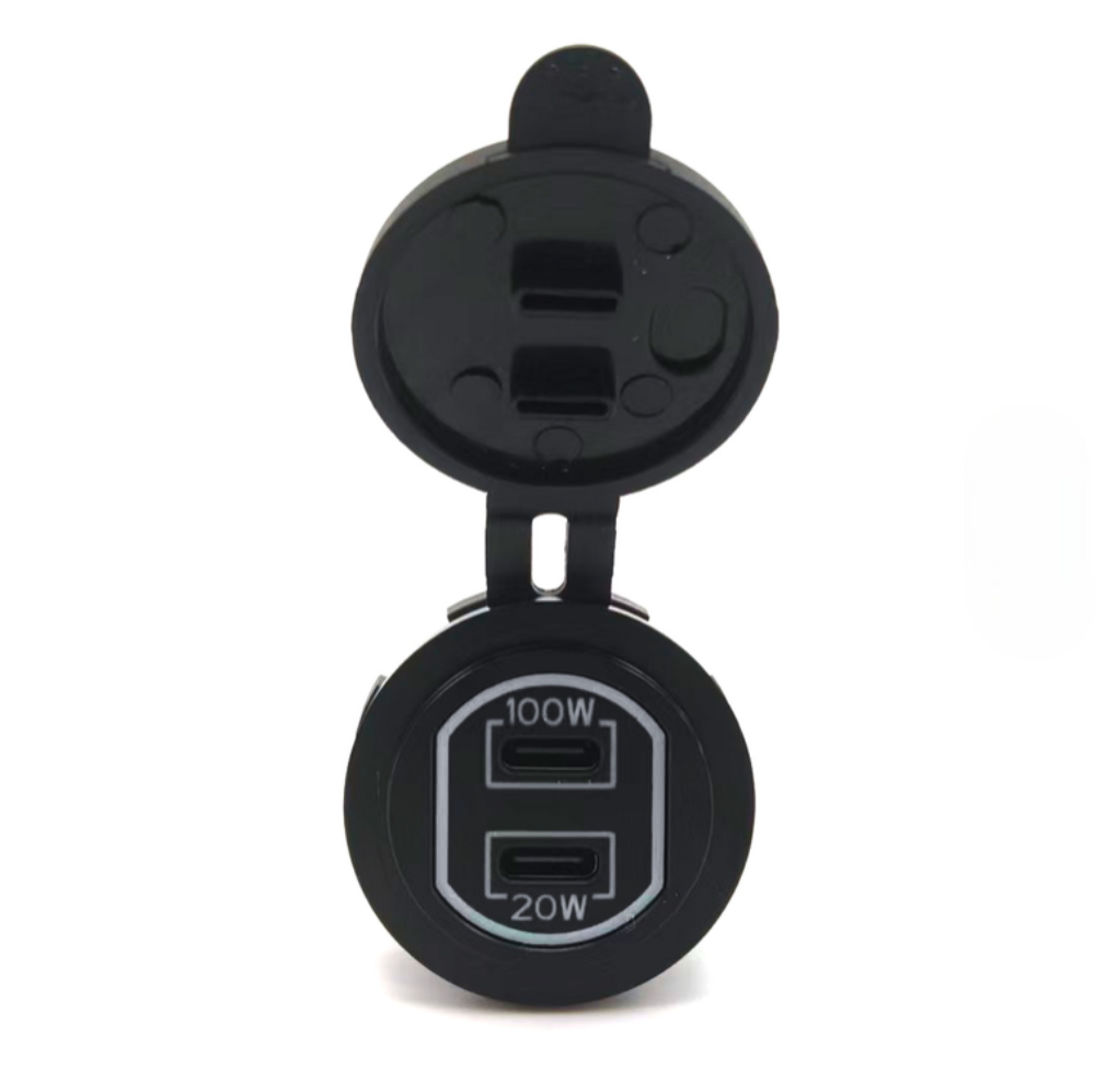 Front view of the Etronx 120W car charger socket showing the 100W and 20W USB-C PD port labels on the faceplate.