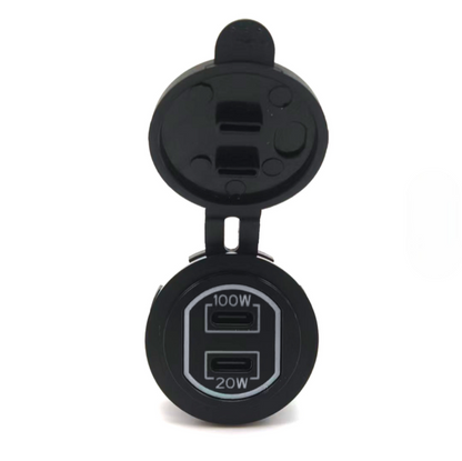 Front view of the Etronx 120W car charger socket showing the 100W and 20W USB-C PD port labels on the faceplate.