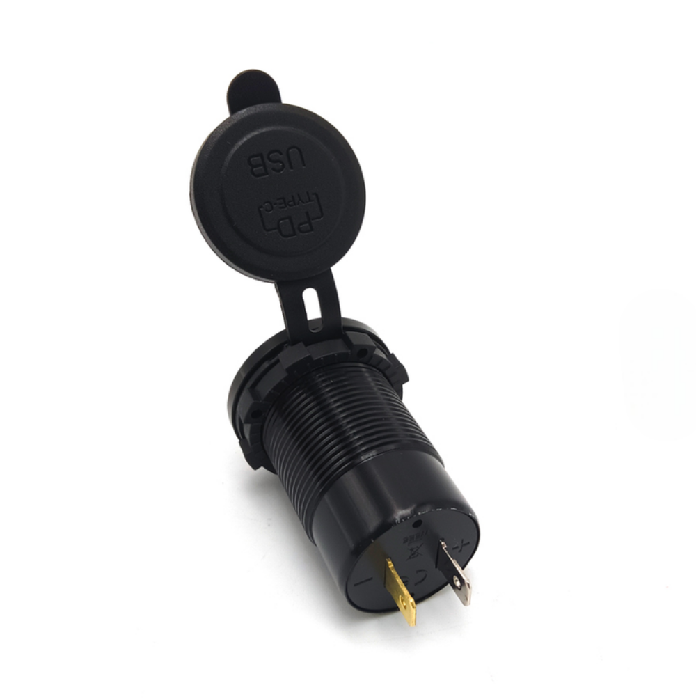 Etronx 120W car charger socket with its hinged dust cap flipped up, showing the panel-mount threaded body, on a white background.