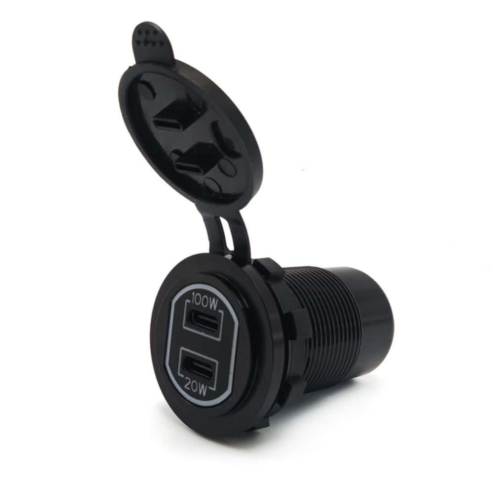 Angled view of the Etronx 120W car charger socket with hinged dust cap, showing the 100W and 20W USB-C port labels on the front face.