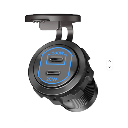 Etronx 120W panel-mount car charger socket in black, with two blue-lit USB-C PD ports labelled 100W and 20W, on a white background.