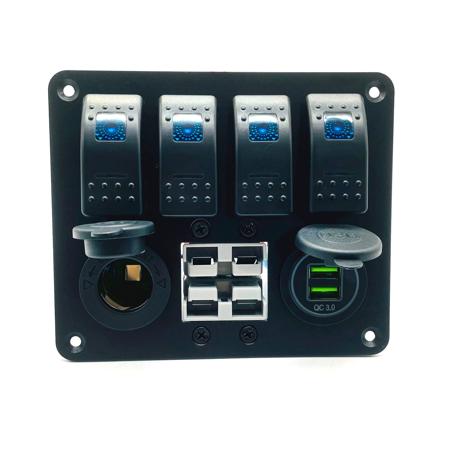 YJ-ADSP025 Double 50A Anderson Plug Panel Flush Surface Mount with 4 x Rocker Switch, Cigarette Lighter Socket & Dual QC 3.0 USB Charger for Caravan Camper Boat Truck SB50
