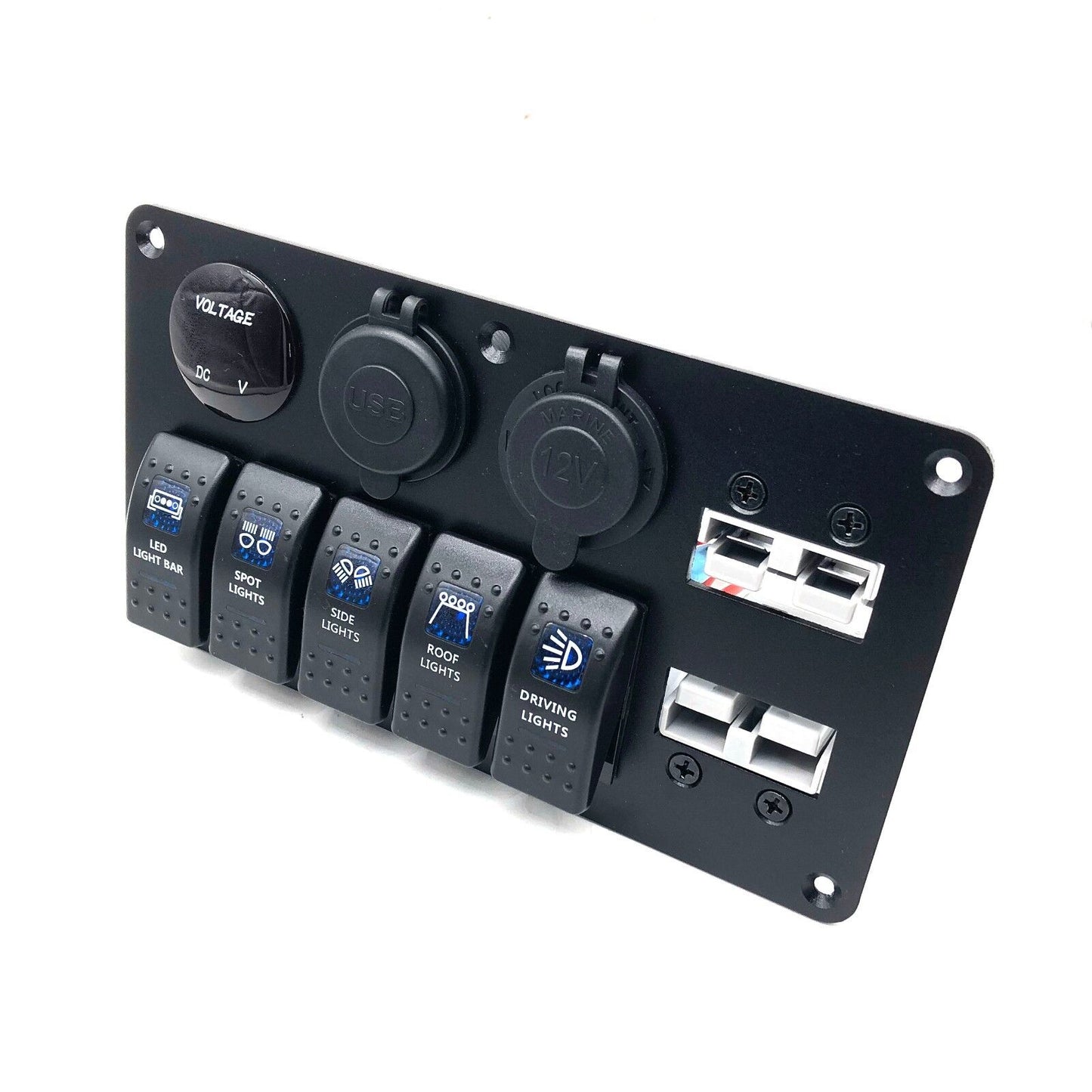 YJ-ADSP030 Double 50A Anderson Plug Panel Flush Surface Mount with 5 x Rocker Switch, Cigarette Lighter Socket, Dual QC 3.0 USB Charger & Voltmeter for Caravan Camper Boat Truck SB50