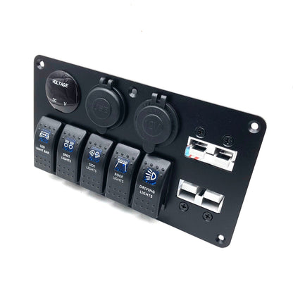 YJ-ADSP030 Double 50A Anderson Plug Panel Flush Surface Mount with 5 x Rocker Switch, Cigarette Lighter Socket, Dual QC 3.0 USB Charger & Voltmeter for Caravan Camper Boat Truck SB50