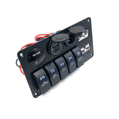 YJ-ADSP030 Double 50A Anderson Plug Panel Flush Surface Mount with 5 x Rocker Switch, Cigarette Lighter Socket, Dual QC 3.0 USB Charger & Voltmeter for Caravan Camper Boat Truck SB50