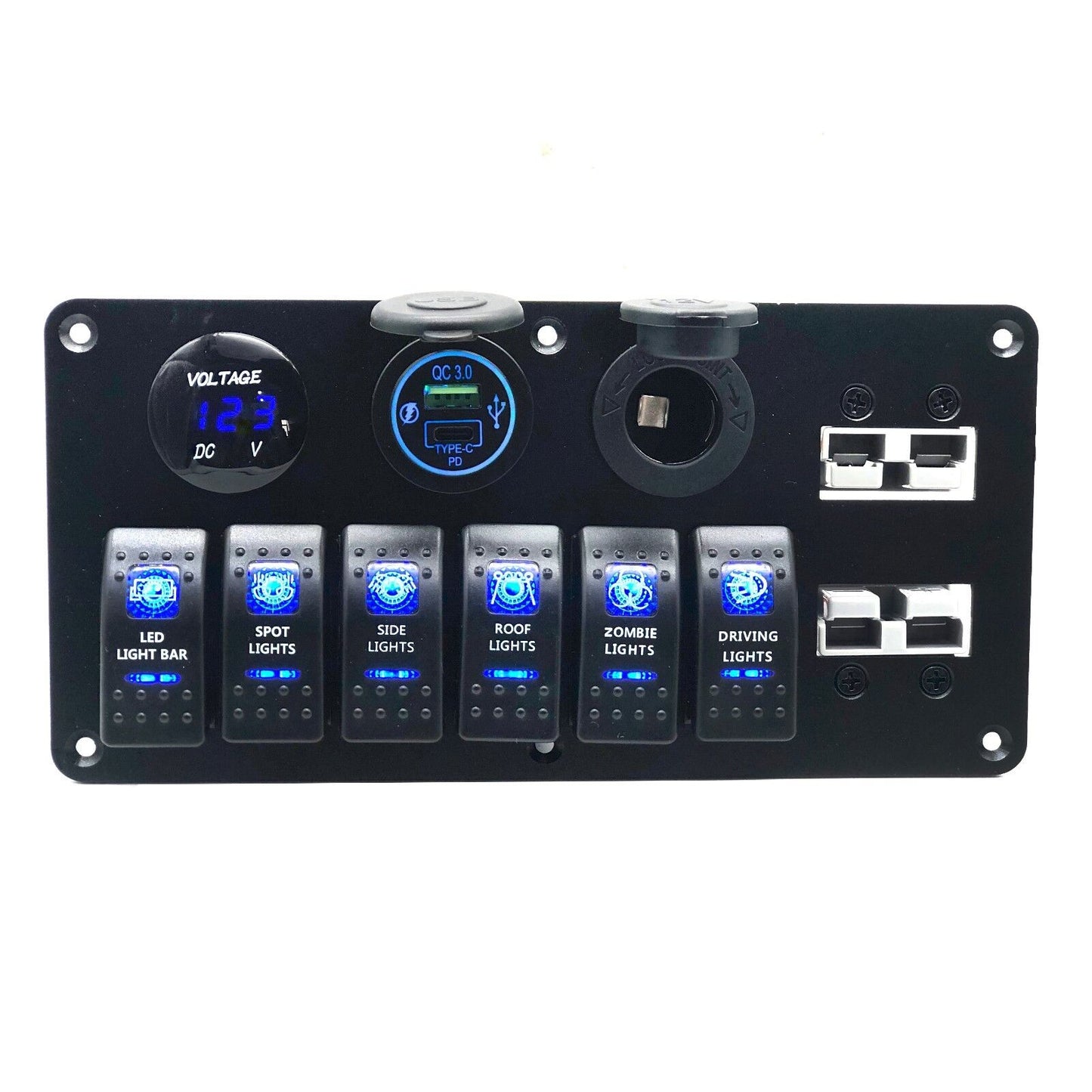 YJ-ADSP031 Double 50A Anderson Plug Panel Flush Surface Mount with 6 x Rocker Switch, Cigarette Lighter Socket, Dual QC 3.0 USB Charger & Voltmeter for Caravan Camper Boat Truck SB50