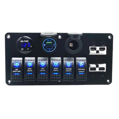 YJ-ADSP031 Double 50A Anderson Plug Panel Flush Surface Mount with 6 x Rocker Switch, Cigarette Lighter Socket, Dual QC 3.0 USB Charger & Voltmeter for Caravan Camper Boat Truck SB50