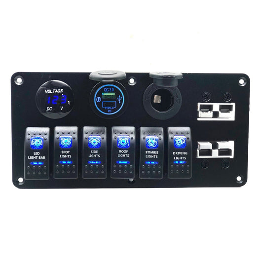 YJ-ADSP031 Double 50A Anderson Plug Panel Flush Surface Mount with 6 x Rocker Switch, Cigarette Lighter Socket, Dual QC 3.0 USB Charger & Voltmeter for Caravan Camper Boat Truck SB50