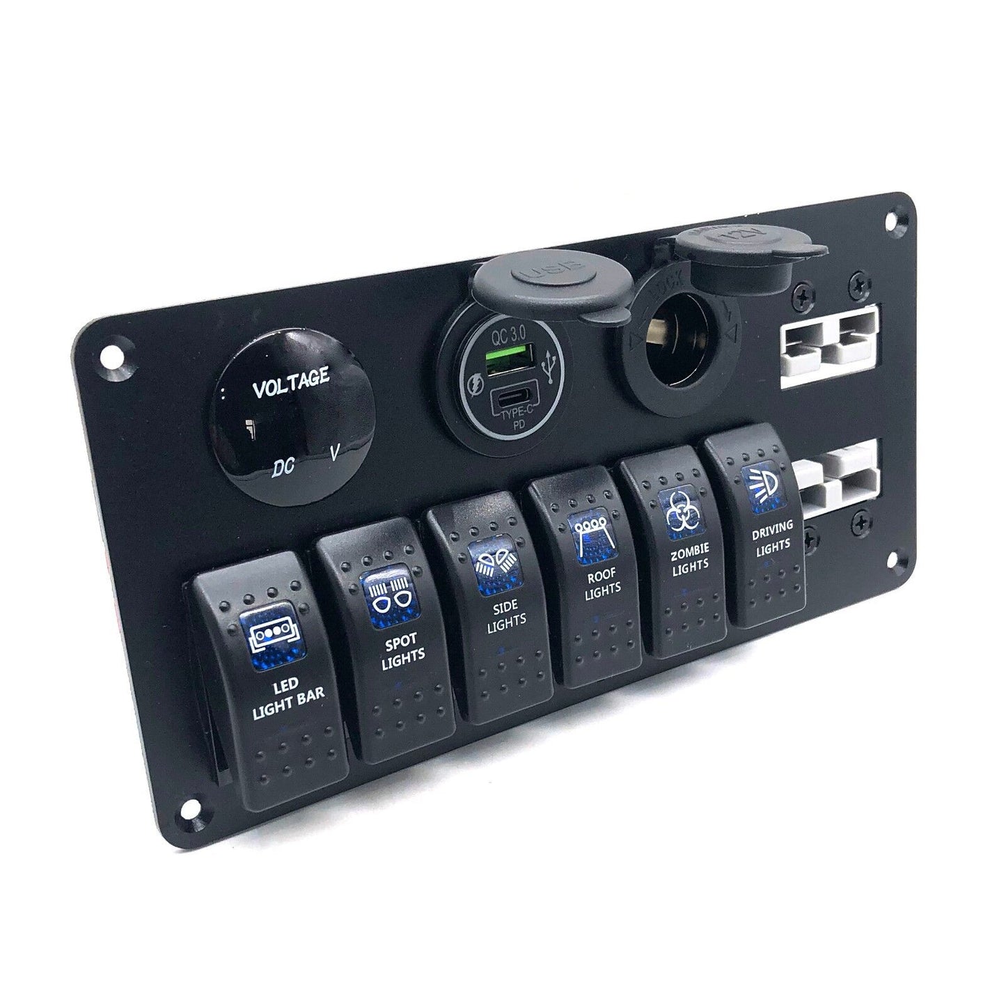 YJ-ADSP031 Double 50A Anderson Plug Panel Flush Surface Mount with 6 x Rocker Switch, Cigarette Lighter Socket, Dual QC 3.0 USB Charger & Voltmeter for Caravan Camper Boat Truck SB50