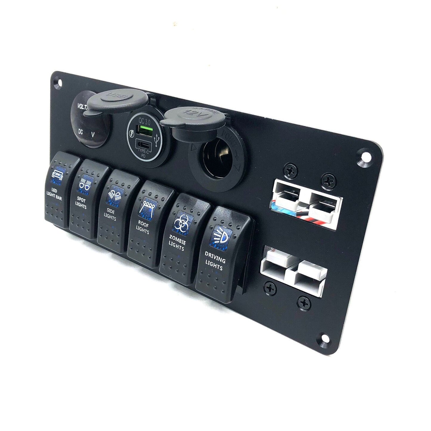 YJ-ADSP031 Double 50A Anderson Plug Panel Flush Surface Mount with 6 x Rocker Switch, Cigarette Lighter Socket, Dual QC 3.0 USB Charger & Voltmeter for Caravan Camper Boat Truck SB50