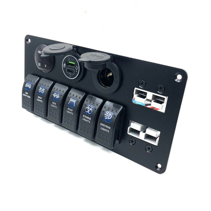 YJ-ADSP031 Double 50A Anderson Plug Panel Flush Surface Mount with 6 x Rocker Switch, Cigarette Lighter Socket, Dual QC 3.0 USB Charger & Voltmeter for Caravan Camper Boat Truck SB50