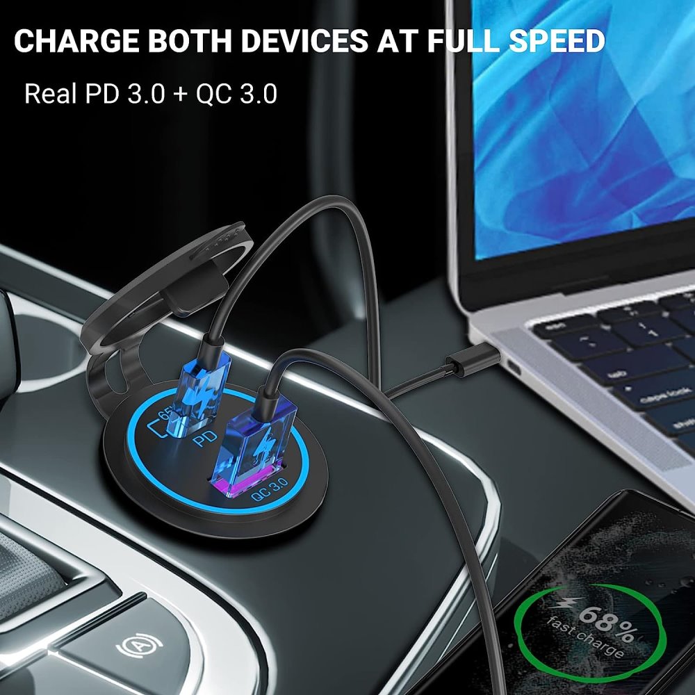 YJ-DS2077B 83W 12V USB Outlet Laptop Car Charger: 65W USB-C PD3.0 + 18W QC3.0
