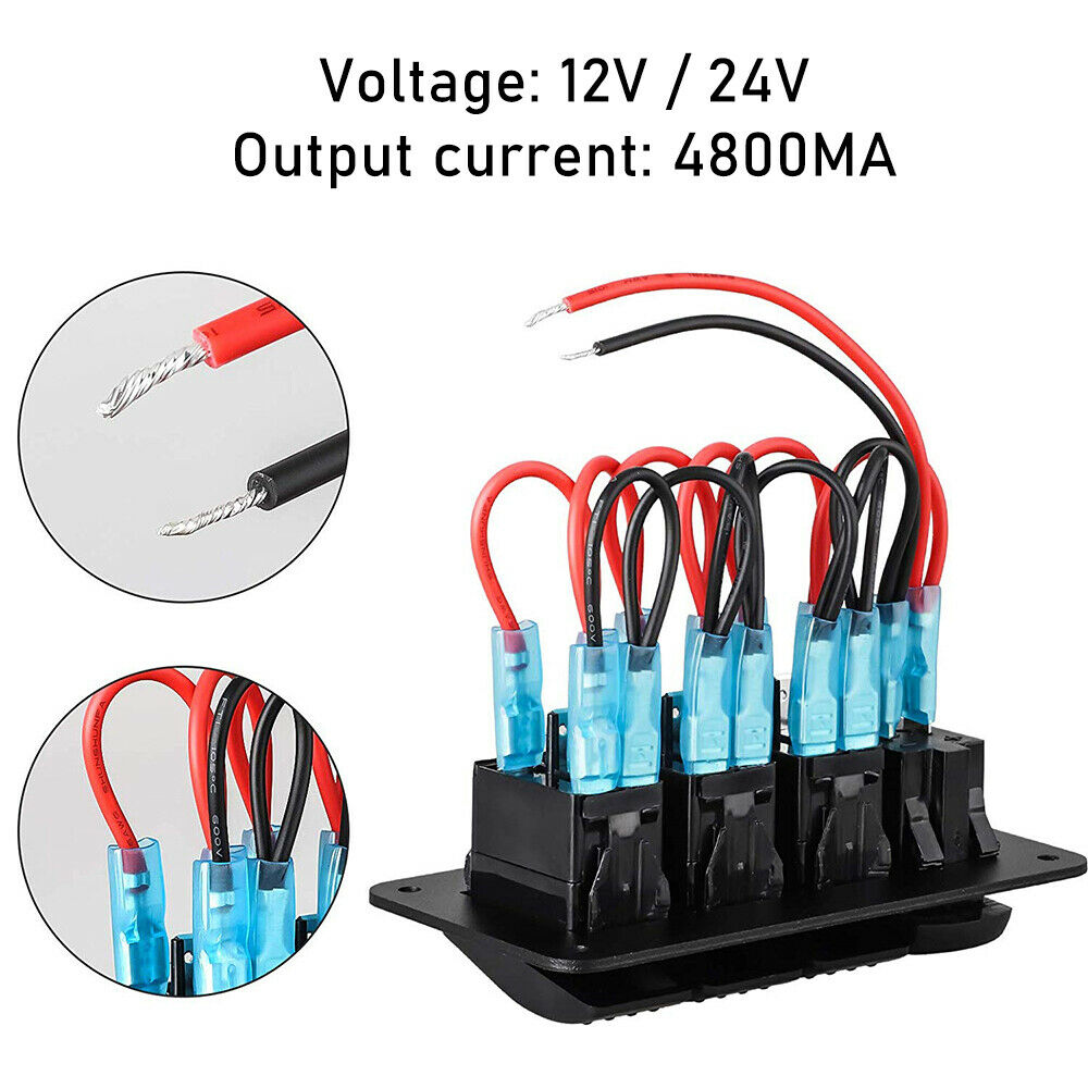 YJ-SP-34 12V 24V 4 Gang Slimline LED Rocker Switch Panel USB Car Charger for 4WD Boat Caravan