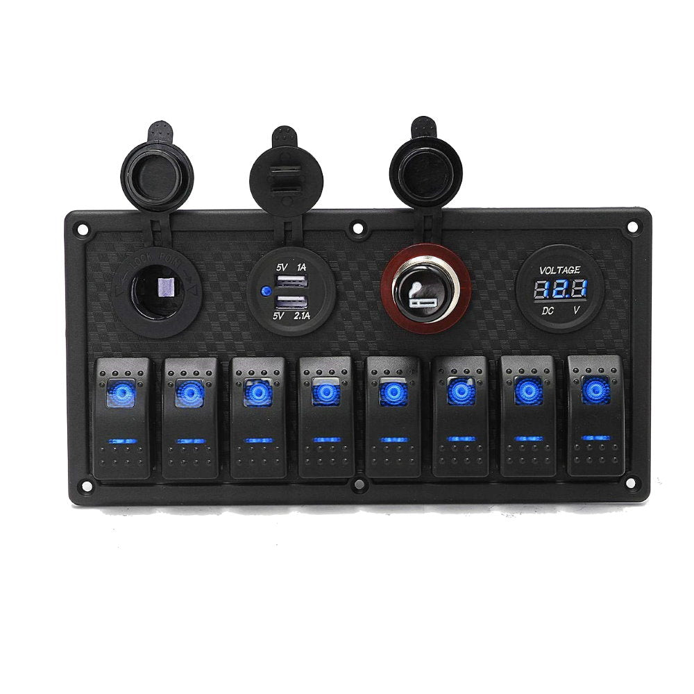 YJ-SP-019 12V 24V 8 Gang LED Rocker Switch Panel USB Car Charger for 4WD Boat Caravan