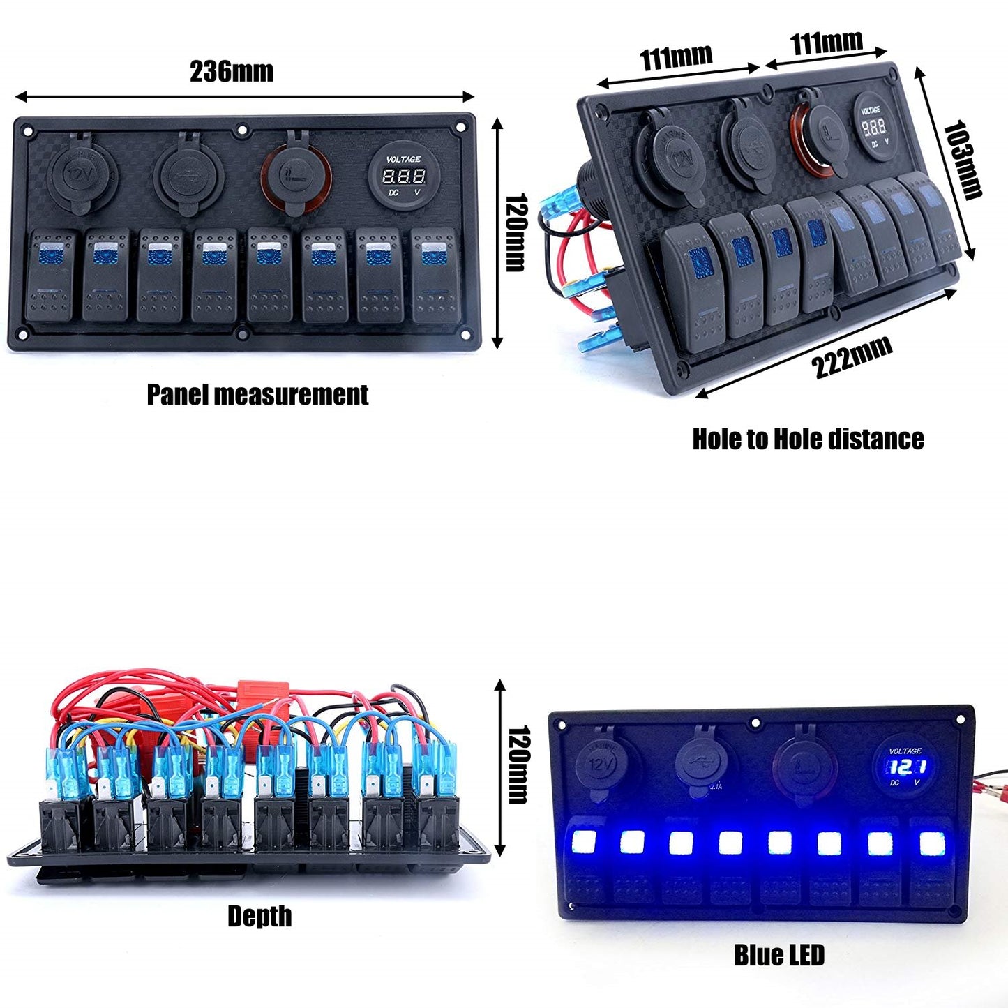 YJ-SP-019 12V 24V 8 Gang LED Rocker Switch Panel USB Car Charger for 4WD Boat Caravan