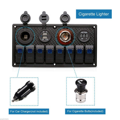 YJ-SP-019 12V 24V 8 Gang LED Rocker Switch Panel USB Car Charger for 4WD Boat Caravan