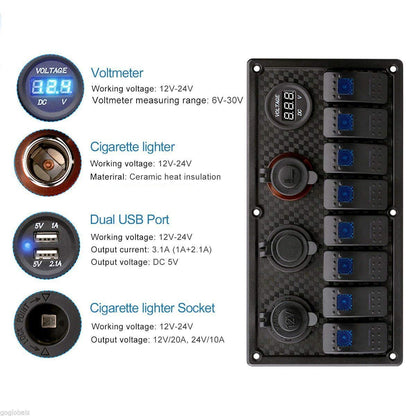 YJ-SP-019 12V 24V 8 Gang LED Rocker Switch Panel USB Car Charger for 4WD Boat Caravan