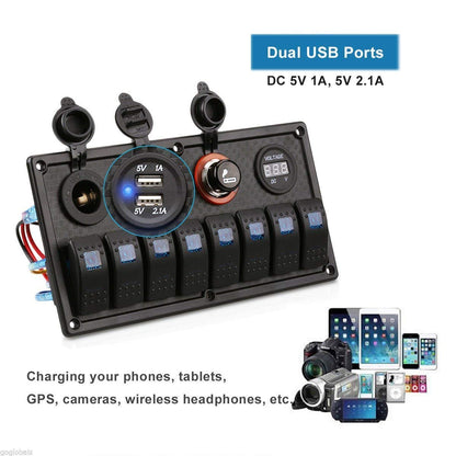 YJ-SP-019 12V 24V 8 Gang LED Rocker Switch Panel USB Car Charger for 4WD Boat Caravan