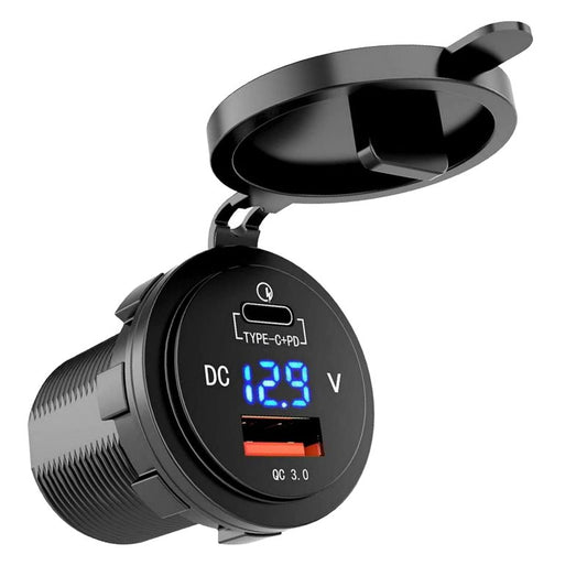 YJ-DS2026 36W Fast Type-C + PD3.0  Quick Charge 3.0 USB Car Charger Socket with LED Digital Voltmeter