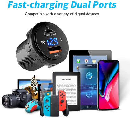 YJ-DS2026 36W Fast Type-C + PD3.0  Quick Charge 3.0 USB Car Charger Socket with LED Digital Voltmeter