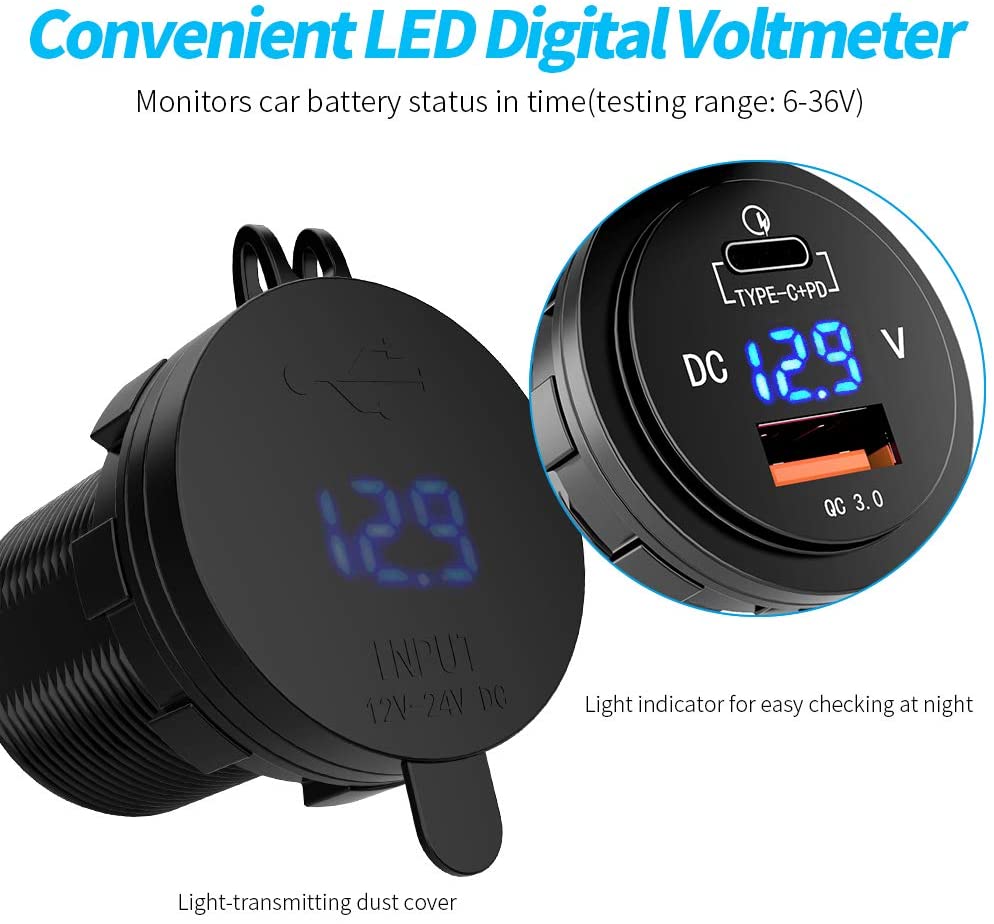 YJ-DS2026 36W Fast Type-C + PD3.0  Quick Charge 3.0 USB Car Charger Socket with LED Digital Voltmeter