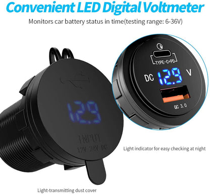 YJ-DS2026 36W Fast Type-C + PD3.0  Quick Charge 3.0 USB Car Charger Socket with LED Digital Voltmeter