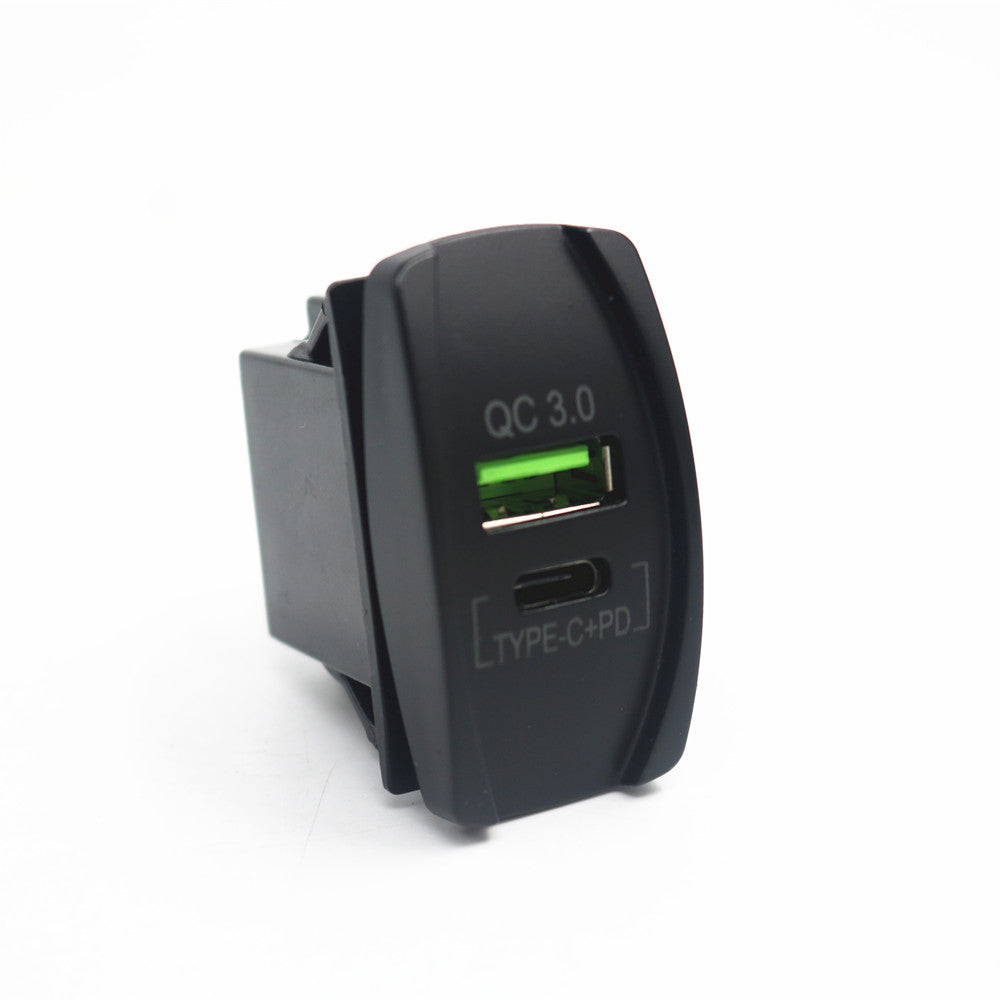 YJ-UCC-T007 QC3.0+ Type C PD Dual DC 5V 12-24V Rocker Style Car USB Charger - with Dual USB Power Socket