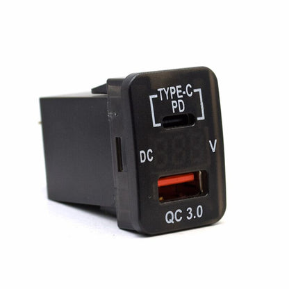 YJ-TVQ-T001N PD Type C + QC 3.0 USB Charger with Volt Display for Small Toyota Push Button Switch Blue LED - New Model