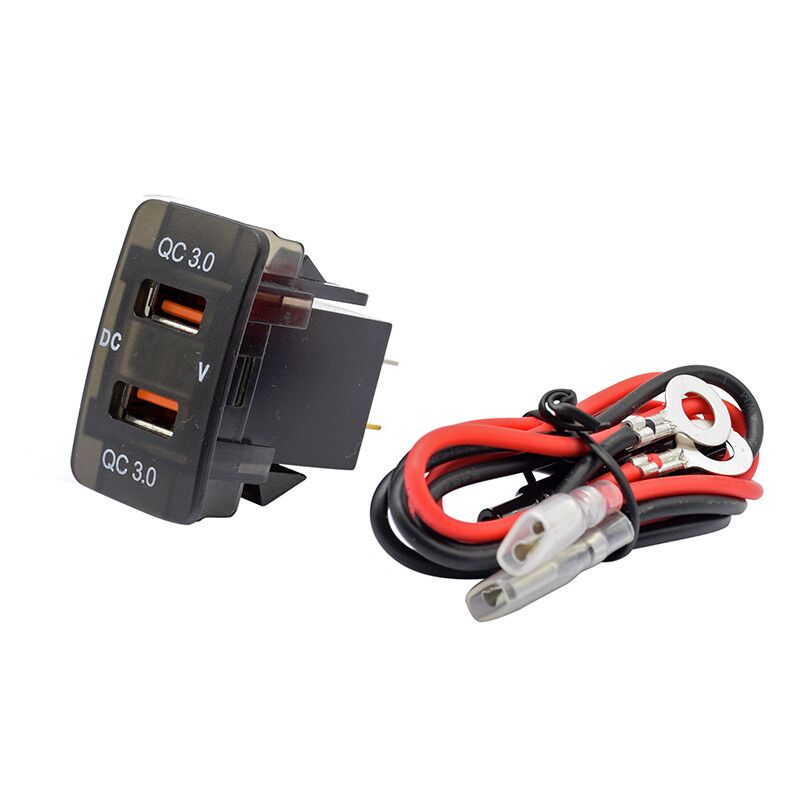 YJ-DQ-T001N Dual QC3.0 USB Charger with Volt Display for Small Toyota Push Button Switch Blue LED - New Model