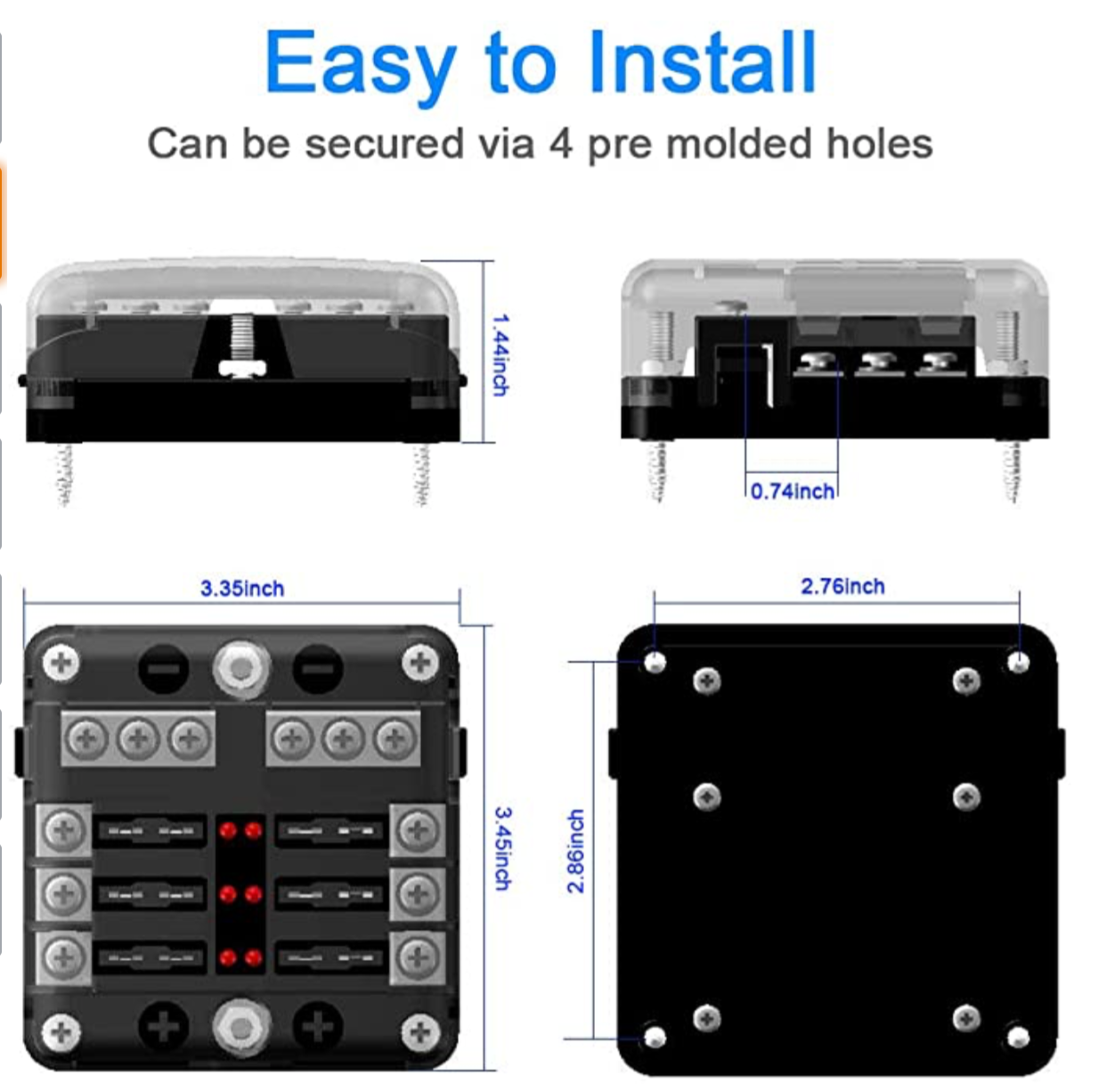 YJ-FB-6-N 6-Way Fuse Box Blade Fuse Block Holder Screw Nut Terminal W/Negative Bus