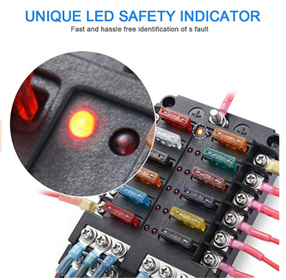 YJ-FB-12-N 12-Way Fuse Box Block Holder with LED Indicator Waterproof