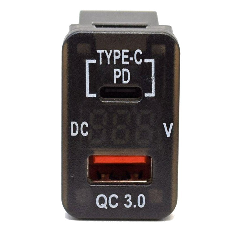 YJ-TVQ-T001O PD Type C + QC 3.0 USB Charger with Volt Display for Large Toyota Push Button Switch Blue LED - Old Model