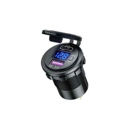 YJ-DS2192 48W 12V/24V Type C PD QC3.0 Quick Charge 3.0 Dual USB Car Charger Socket with LED Voltmeter & Switch
