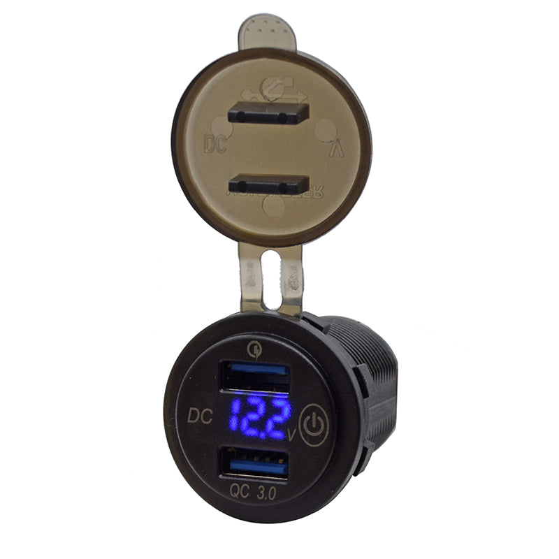 YJ-DS8002S 12V/24V QC3.0 Quick Charge 3.0 Dual USB Car Charger Socket with Touch Switch & LED Voltmeter