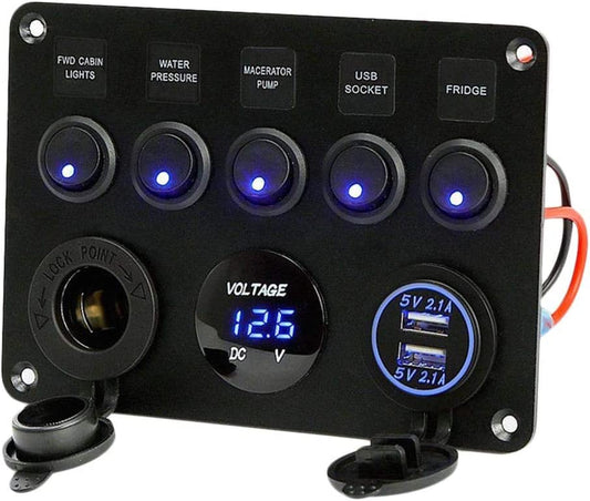 YJ-ADSA94 5 Gang 12V/24V Switch Panel, Dual USB 4.2A Charger Port, Digital Voltmeter, Cigarette Lighter Socket