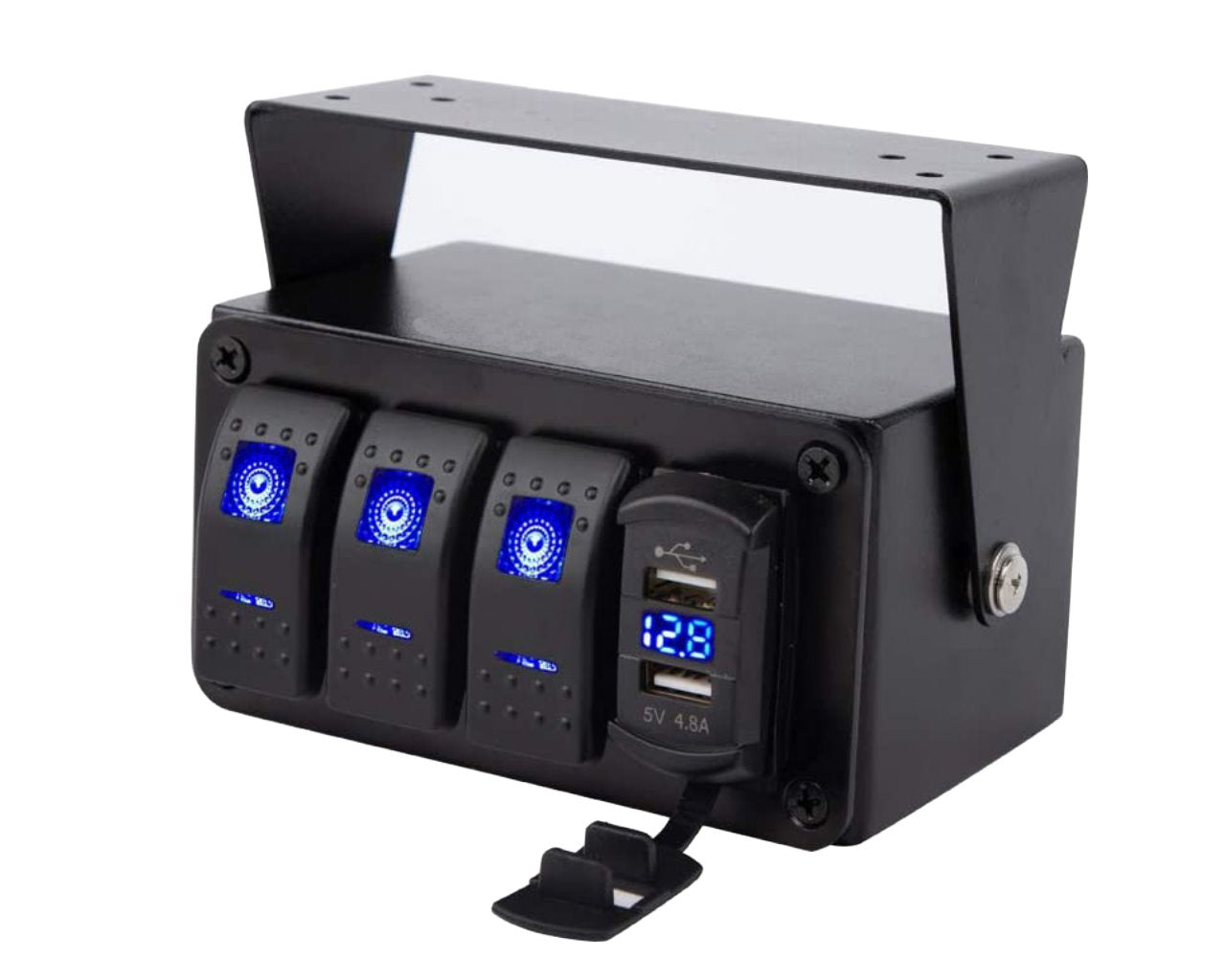 YJ-SPA151 12V/24V 3 Gang LED Rocker Switch Panel Enclosure, Dual USB Charger Port, Digital Voltmeter