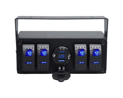 YJ-SPA172 12V/24V 4 Gang LED Rocker Switch Panel Enclosure, Dual USB Charger Port, Digital Voltmeter